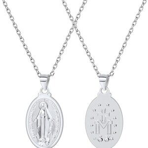 Sterling Silver Virgin Mary Medal Necklace 22-24" Catholic Jewelry Gift